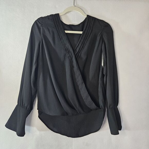 HALOGEN Sz S Black Cross Pleated Dress L/s Shirt NWT Low Plunge Neck - Picture 1 of 6